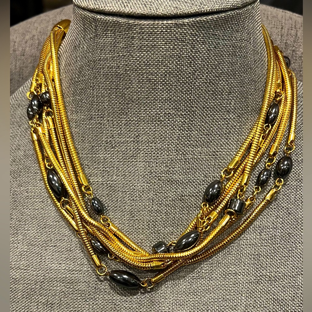 Signed MONET Necklace Gold Tone Multi Strand Statement Chain 18” Hematite
